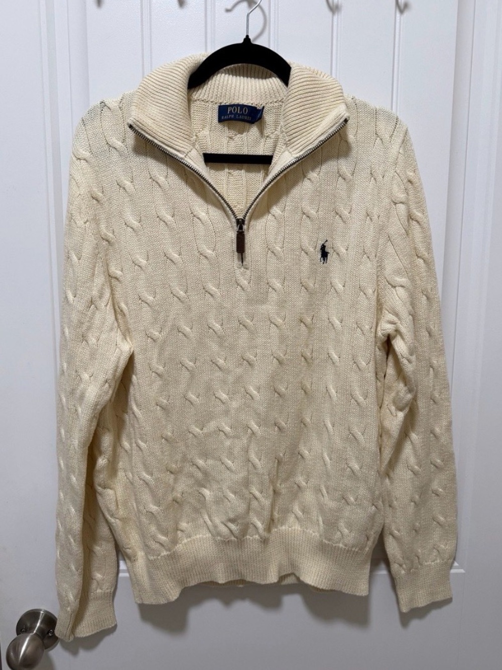 Polo Ralph Lauren Cream Cable Knit Quarter Zip Sweater Size L Mens - Picture 2 of 3